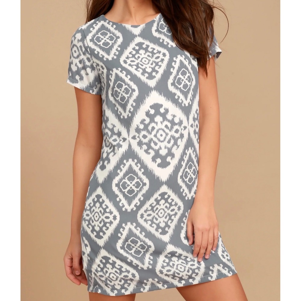 Lulus Give Me a Print Slate Grey Ikat Medallion Shift Mini Dress XS New